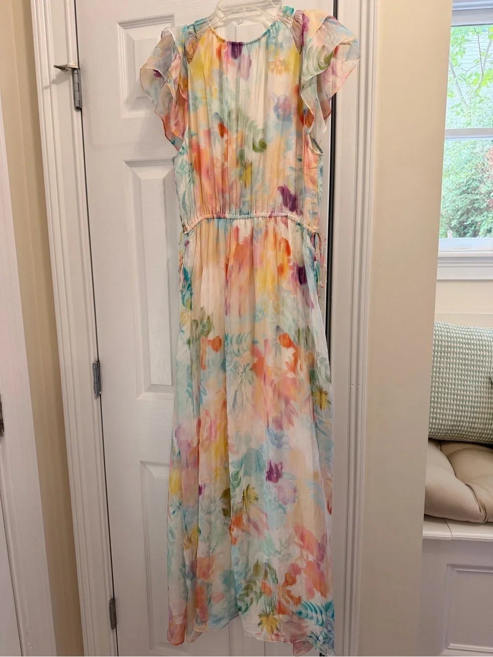 Hale Bob Pastel Multi Watercolor Silk  Floral V-Neck Maxi Dress